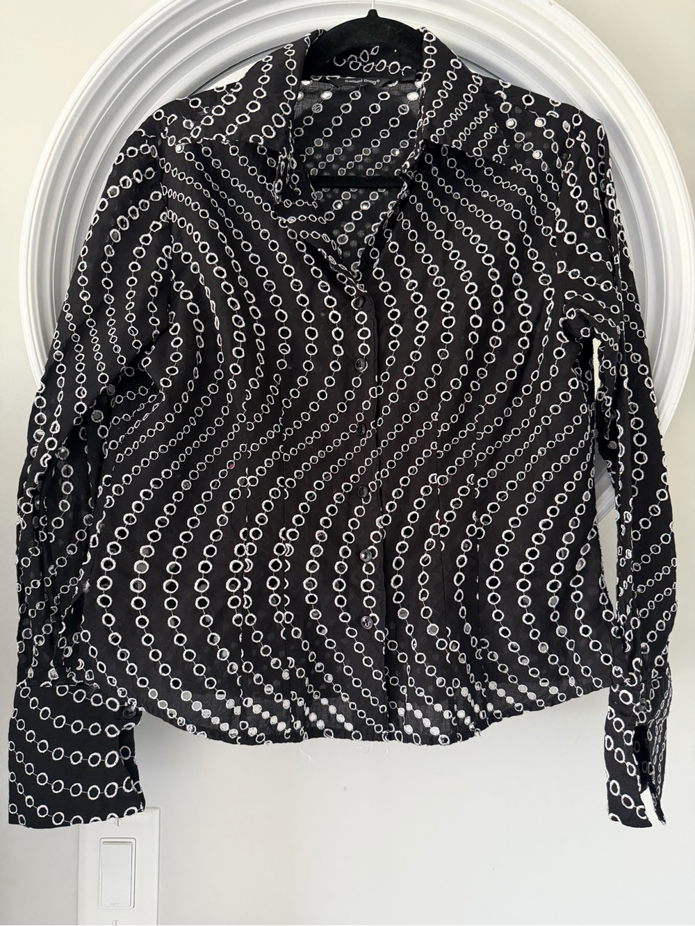 Samuel Dong Black Button-Front Blouse with White Circle Print